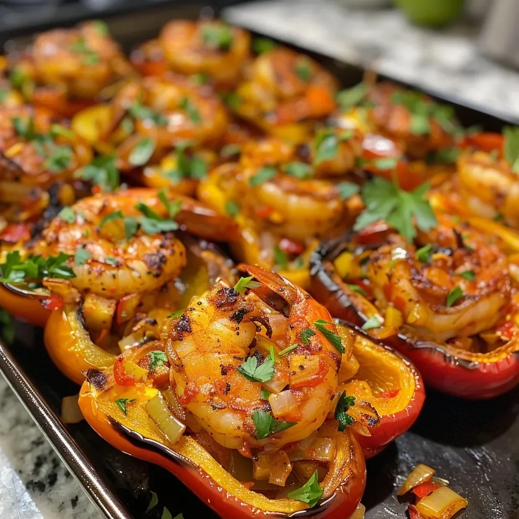 ['Juicy stuffed bell peppers filled with Cajun shrimp, viewed from the side.', 'Close-up of vibrant bell peppers, stuffed with a mixture of shrimp and vegetables.', 'Colorful assortment of stuffed bell peppers, showcasing Cajun-style shrimp filling.', 'Side view of delicious stuffed bell peppers with a savory shrimp mixture.']