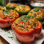 ['Close-up of juicy stuffed bell peppers filled with ground beef and rice.', 'Side view of vibrant bell peppers, stuffed with a savory mixture and garnished with parsley.', 'Deliciously cooked stuffed bell peppers showcasing colorful filling spilling from the sides.', 'Freshly prepared stuffed bell peppers with visible herbs and spices on a plate.']