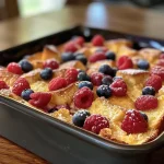 ['Close-up view of a Summer Berry French Toast Bake topped with fresh mixed berries.', 'Side angle of a delicious Summer Berry French Toast Bake with vibrant blueberries and strawberries.', 'Appetizing slice of French toast bake showcasing juicy berries and a golden crust.', 'Close-up of Summer Berry French Toast Bake with a creamy texture and colorful fruit topping.']