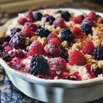 ['Side view of a creamy Summer Berry Rice Pudding Crumble topped with granola and mixed berries.', 'Close-up of a delicious rice pudding crumble showcasing juicy summer berries and a golden granola layer.', 'Colorful presentation of Summer Berry Rice Pudding Crumble with vibrant berries and a rich, creamy texture.', 'Appetizing side profile of a rice pudding crumble garnished with frozen berries and a sprinkle of granola.']