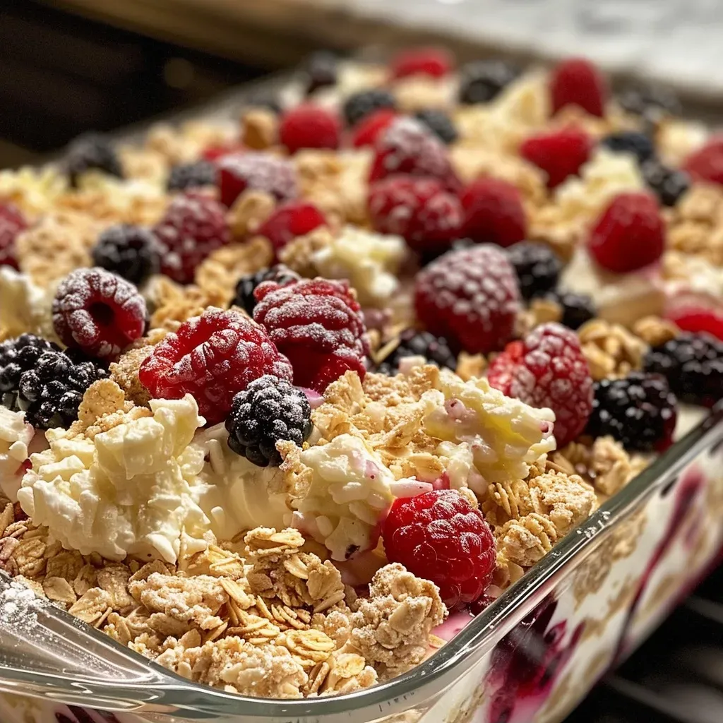 Side view of a creamy Summer Berry Rice Pudding Crumble topped with granola and mixed berries.