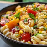 ['Close-up view of a vibrant Summer Pasta Salad featuring fresh peaches and cherry tomatoes.', 'A side view of a colorful pasta salad with peaches, corn, and a drizzle of dressing.', 'Juicy Summer Pasta Salad with peaches and cherry tomatoes, beautifully arranged in a bowl.', 'Fresh ingredients showcased in a pasta salad, with visible peaches and corn.']