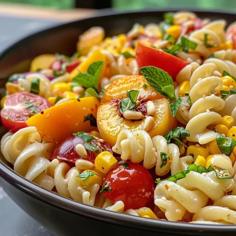 ['Close-up view of a vibrant Summer Pasta Salad featuring fresh peaches and cherry tomatoes.', 'A side view of a colorful pasta salad with peaches, corn, and a drizzle of dressing.', 'Juicy Summer Pasta Salad with peaches and cherry tomatoes, beautifully arranged in a bowl.', 'Fresh ingredients showcased in a pasta salad, with visible peaches and corn.']