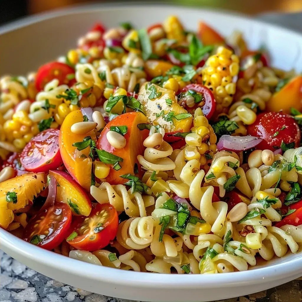 Close-up view of a vibrant Summer Pasta Salad featuring fresh peaches and cherry tomatoes.