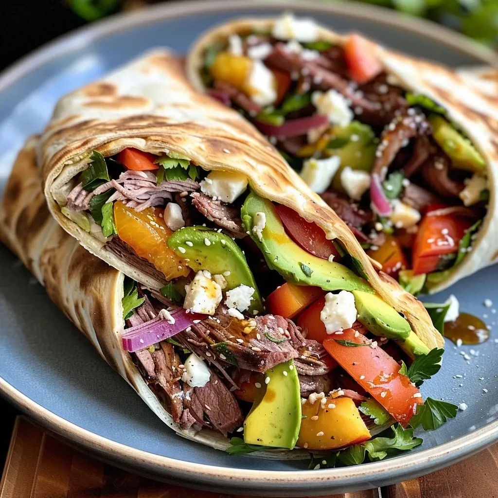 Close-up of a colorful summer peach wrap with roast beef and fresh ingredients.