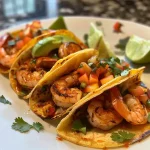 ['Close-up view of Summer Shrimp Tacos garnished with avocado and peach salsa.', 'Side view of juicy shrimp tacos filled with cabbage and topped with lime wedges.', 'Colorful shrimp tacos on a plate with fresh ingredients like avocado and salsa.', 'Vibrant close-up of tacos showing shrimp, cabbage, and slices of lime.']