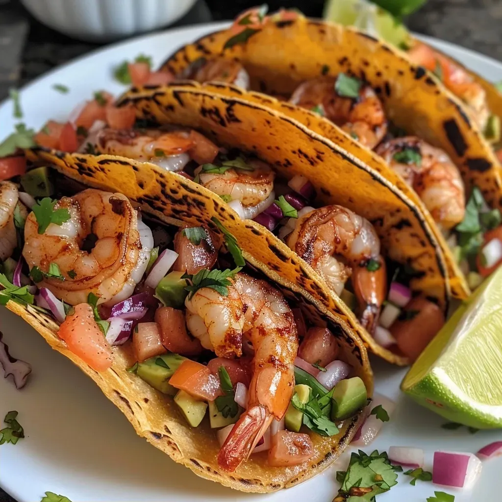 Close-up view of Summer Shrimp Tacos garnished with avocado and peach salsa.