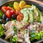 ['Close-up view of a colorful turkey salad with fresh ingredients.', 'Side angle of a vibrant Super Quick Turkey Salad featuring greens and tomatoes.', 'Juicy turkey salad arranged with chopped romaine and sliced vegetables.', 'Detailed shot of a turkey salad with avocado and hard-boiled eggs.']
