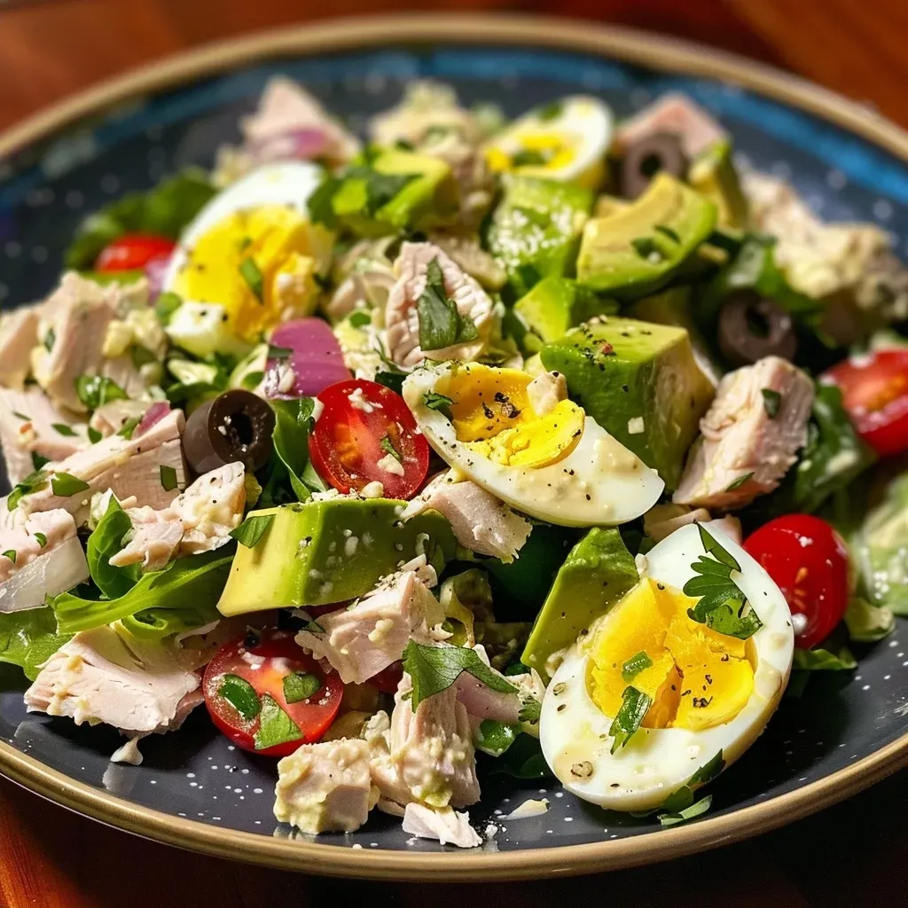 Close-up view of a colorful turkey salad with fresh ingredients.
