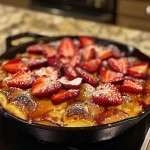 ['A close-up view of a Sweet Strawberry Skillet Cake showcasing vibrant red strawberries on top.', 'A delicious strawberry skillet cake with a golden crust, placed in a well-seasoned cast iron skillet.', 'A slice of strawberry skillet cake revealing its moist texture and fresh strawberry layers.', 'A beautifully baked strawberry cake topped with glistening strawberries and a sprinkle of sugar.']
