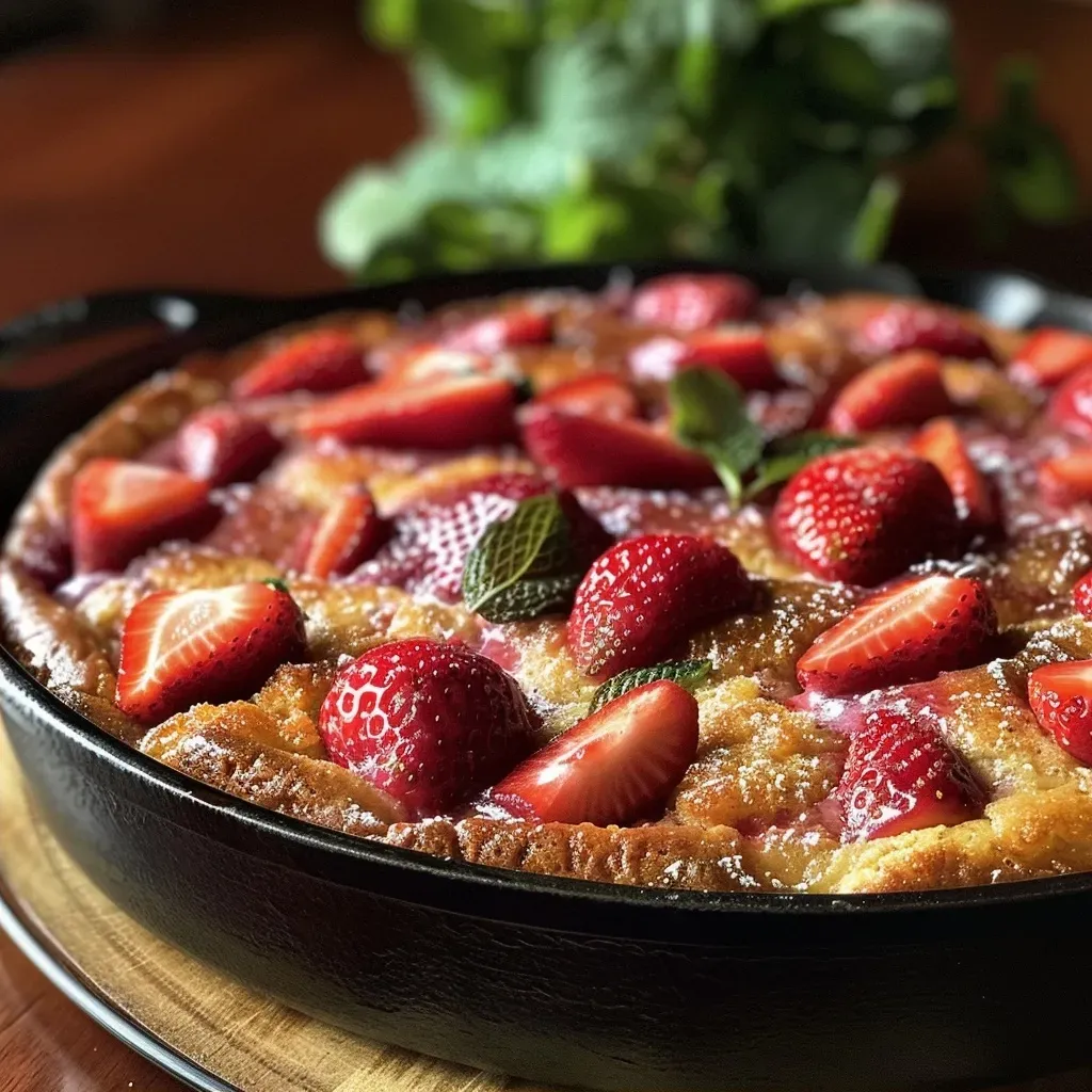 A close-up view of a Sweet Strawberry Skillet Cake showcasing vibrant red strawberries on top.