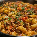 ['Close-up view of a delicious Taco Pasta dish with visible ingredients mixed together.', 'Side view of Taco Pasta topped with melted cheese, showcasing vibrant colors from peppers and pasta.', 'Juicy Taco Pasta served in a bowl, with ground beef, bell peppers, and cheese prominently displayed.', 'A tantalizing close-up of Taco Pasta highlighting its savory ingredients and creamy texture.']
