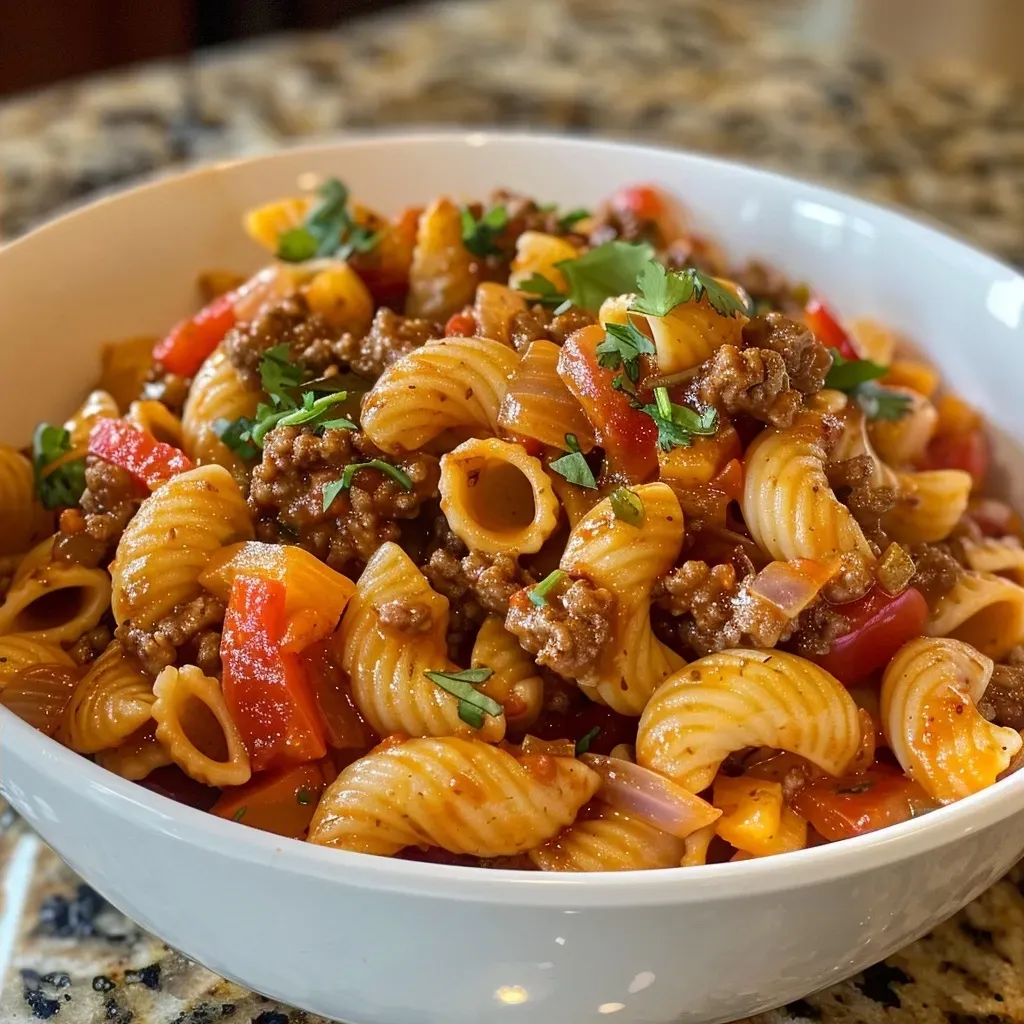 ['Close-up view of a delicious Taco Pasta dish with visible ingredients mixed together.', 'Side view of Taco Pasta topped with melted cheese, showcasing vibrant colors from peppers and pasta.', 'Juicy Taco Pasta served in a bowl, with ground beef, bell peppers, and cheese prominently displayed.', 'A tantalizing close-up of Taco Pasta highlighting its savory ingredients and creamy texture.']