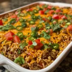 ['Close-up view of a flavorful Taco Rice Casserole topped with melted cheese.', 'Side angle of a Taco Rice Casserole, showcasing layers of rice, meat, and cheese.', 'Juicy Taco Rice Casserole garnished with fresh ingredients, highlighting its delicious texture.', 'Detailed image of a hearty Taco Rice Casserole, featuring ground beef and spices.']
