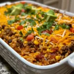 ['Close-up view of a delicious taco rice casserole with melted cheese and toppings.', 'A side view of a juicy taco rice casserole with layers of ground beef and cheese.', 'Tasty taco rice casserole garnished with fresh toppings, showing its rich ingredients.', 'A vibrant close-up of taco rice casserole highlighting the beef, rice, and cheese layers.']