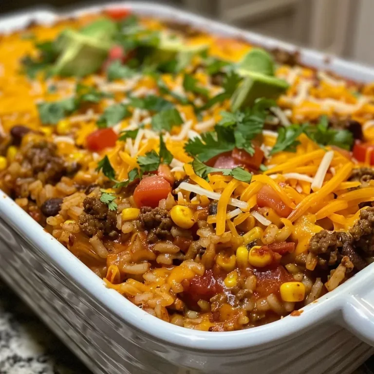 ['Close-up view of a delicious taco rice casserole with melted cheese and toppings.', 'A side view of a juicy taco rice casserole with layers of ground beef and cheese.', 'Tasty taco rice casserole garnished with fresh toppings, showing its rich ingredients.', 'A vibrant close-up of taco rice casserole highlighting the beef, rice, and cheese layers.']