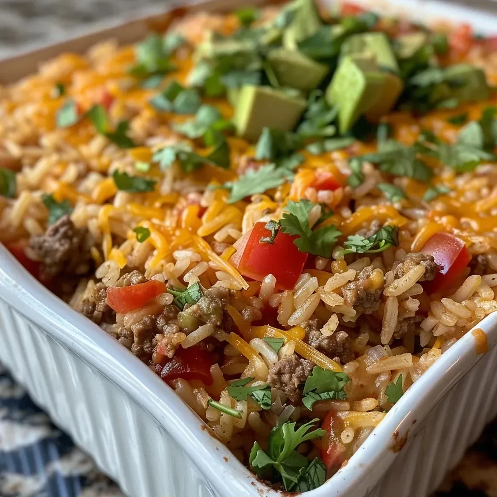 Close-up view of a flavorful Taco Rice Casserole topped with melted cheese.