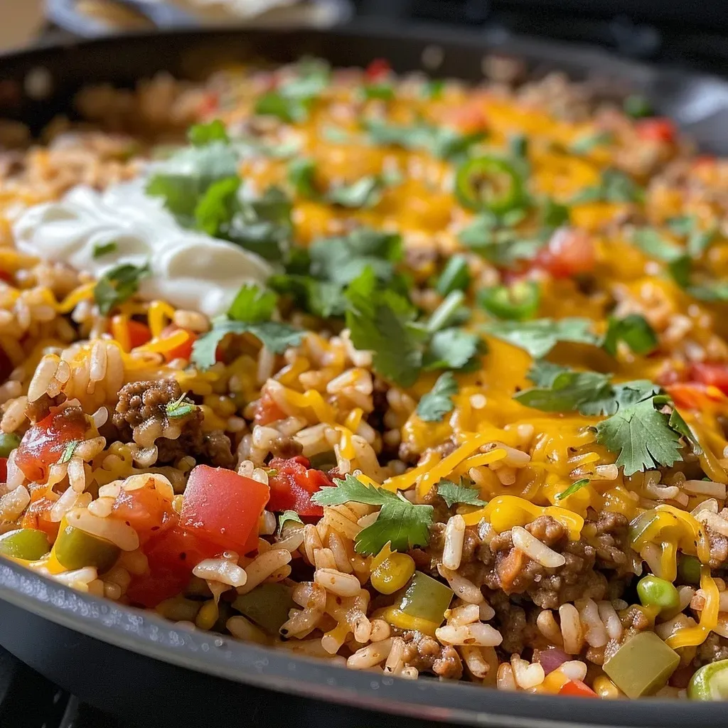 Close-up view of a delicious taco rice casserole with melted cheese and toppings.