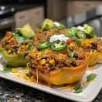 ['Juicy Taco Stuffed Peppers arranged on a plate, showcasing vibrant colors.', 'Close-up of Taco Stuffed Peppers, filled with quinoa, beans, and topped with cheese.', 'Side view of Taco Stuffed Peppers, garnished with fresh cilantro and lime.', 'Colorful Taco Stuffed Peppers with visible layers of ingredients, ready to serve.']