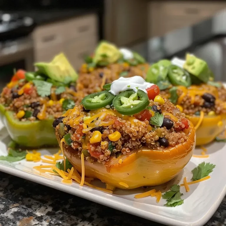 ['Juicy Taco Stuffed Peppers arranged on a plate, showcasing vibrant colors.', 'Close-up of Taco Stuffed Peppers, filled with quinoa, beans, and topped with cheese.', 'Side view of Taco Stuffed Peppers, garnished with fresh cilantro and lime.', 'Colorful Taco Stuffed Peppers with visible layers of ingredients, ready to serve.']
