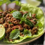 ['Close-up of Thai Basil Beef served in lettuce cups, showcasing vibrant ingredients.', 'Juicy Thai Basil Beef nestled in fresh lettuce leaves, highlighting spices and herbs.', 'Side view of Thai Basil Beef Lettuce Cups, featuring minced beef and bright basil.', 'Colorful arrangement of Thai Basil Beef in lettuce cups, garnished with lime wedges.']