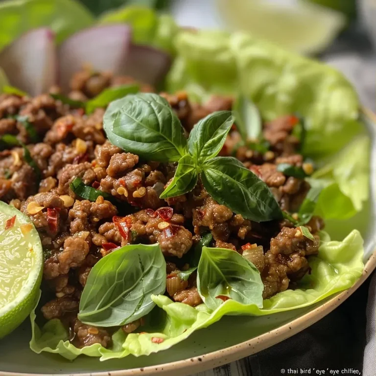 ['Close-up of Thai Basil Beef served in lettuce cups, showcasing vibrant ingredients.', 'Juicy Thai Basil Beef nestled in fresh lettuce leaves, highlighting spices and herbs.', 'Side view of Thai Basil Beef Lettuce Cups, featuring minced beef and bright basil.', 'Colorful arrangement of Thai Basil Beef in lettuce cups, garnished with lime wedges.']