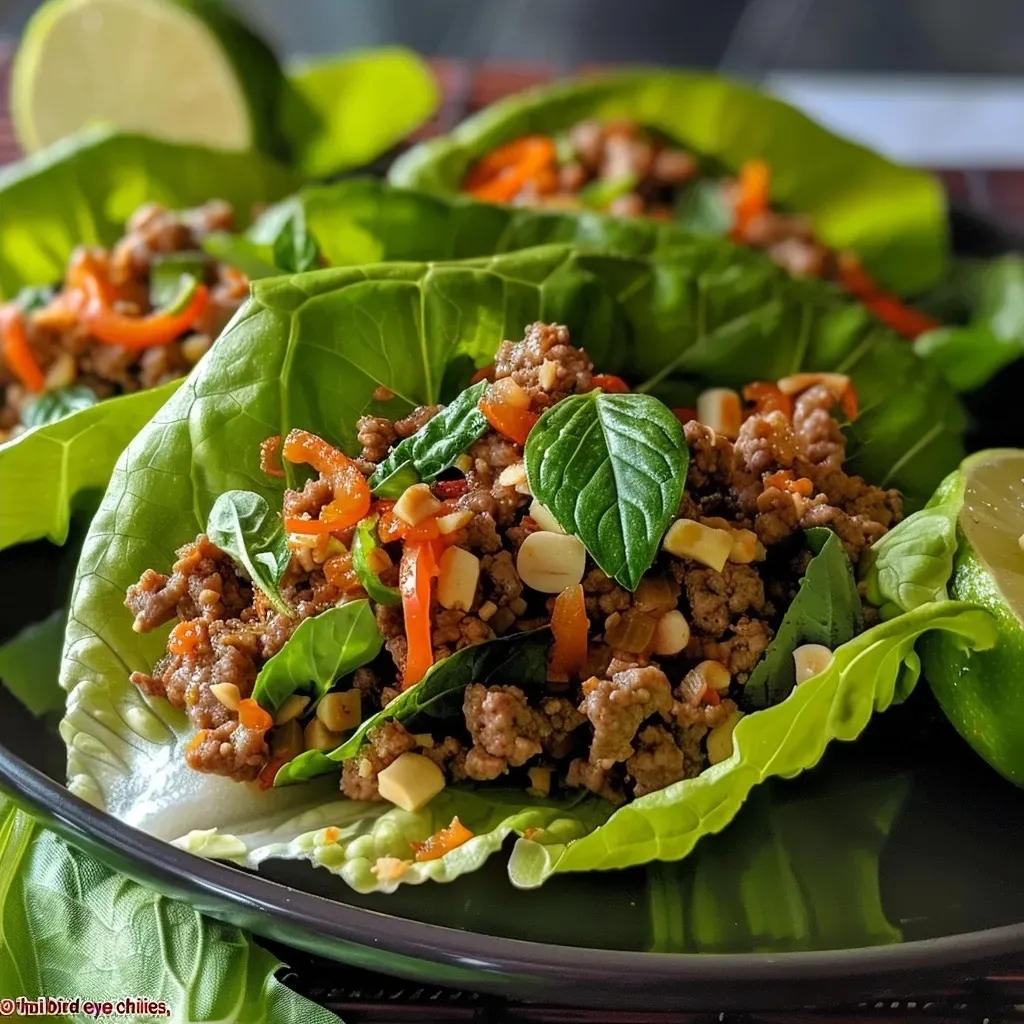 Close-up of Thai Basil Beef served in lettuce cups, showcasing vibrant ingredients.