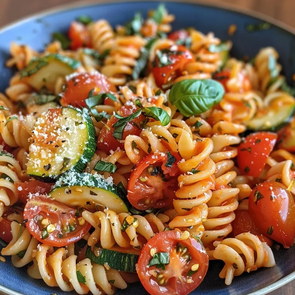 Close-up of Tomato Zucchini Pasta featuring colorful cherry tomatoes and zucchini slices.