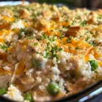 ['Close-up view of a golden-brown Tuna and Rice Casserole topped with crispy crushed crackers.', 'Side view of a hearty Tuna and Rice Casserole with visible layers of melted cheese and peas.', 'Delicious Tuna and Rice Casserole served in a white dish, showcasing its creamy texture and golden crust.', 'Close-up image of Tuna and Rice Casserole highlighting the tender rice, tuna, and crunchy topping.']