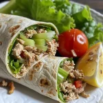 ['Close-up side view of a tuna wrap with fresh ingredients visible.', 'Juicy tuna wrap showcasing celery, tomato, and lettuce.', 'Mouthwatering tuna wrap filled with colorful vegetables.', 'Delicious-looking tuna wrap arranged on a plate with vibrant colors.']