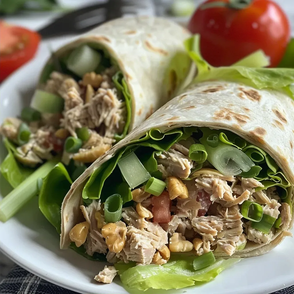 Close-up side view of a tuna wrap with fresh ingredients visible.
