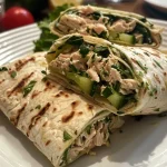 ['A vibrant close-up view of a tuna wrap filled with cucumber and fresh cheese.', 'Side view of a delicious tuna wrap showcasing its fresh ingredients like cucumber.', 'Juicy tuna wrap featuring vegetables, viewed from the side to highlight its filling.', 'Close-up of a tuna wrap with visible layers of cucumber and cheese.']