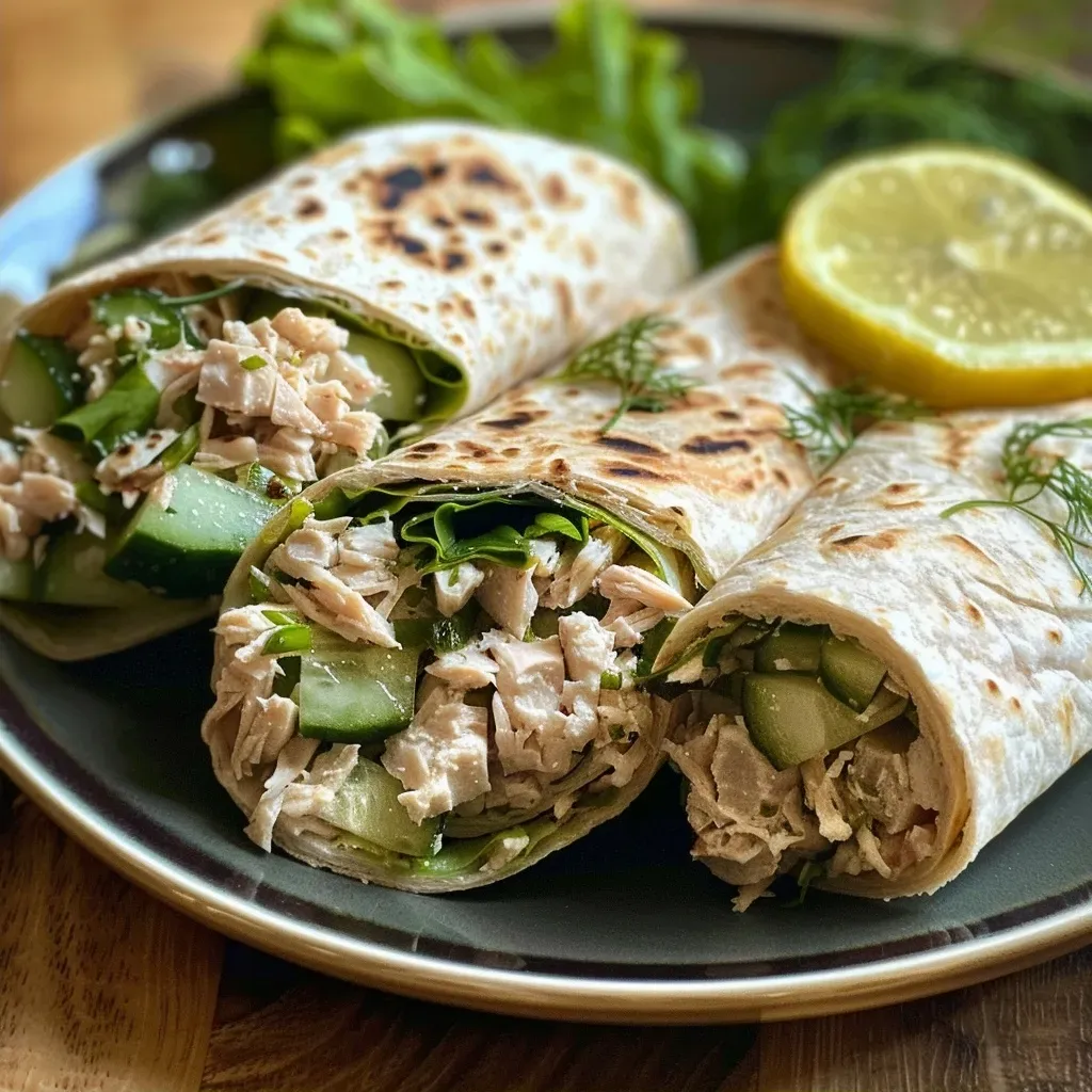 A vibrant close-up view of a tuna wrap filled with cucumber and fresh cheese.