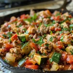 ['A vibrant Turkey and Vegetable Skillet filled with ground turkey, zucchini, green beans, and melted cheese.', 'Close-up view of a colorful Turkey and Vegetable Skillet with fresh ingredients and a golden cheese topping.', 'A hearty Turkey and Vegetable Skillet showcasing diced zucchini, green beans, and ground turkey in a sizzling pan.', 'A delicious Turkey and Vegetable Skillet featuring a medley of vegetables and a blend of spices.']