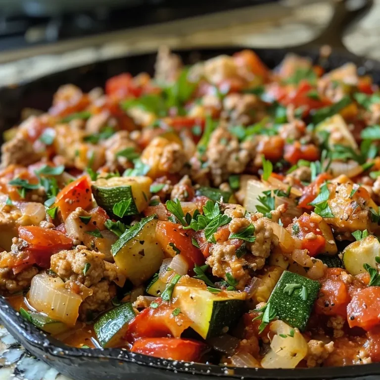 ['A vibrant Turkey and Vegetable Skillet filled with ground turkey, zucchini, green beans, and melted cheese.', 'Close-up view of a colorful Turkey and Vegetable Skillet with fresh ingredients and a golden cheese topping.', 'A hearty Turkey and Vegetable Skillet showcasing diced zucchini, green beans, and ground turkey in a sizzling pan.', 'A delicious Turkey and Vegetable Skillet featuring a medley of vegetables and a blend of spices.']