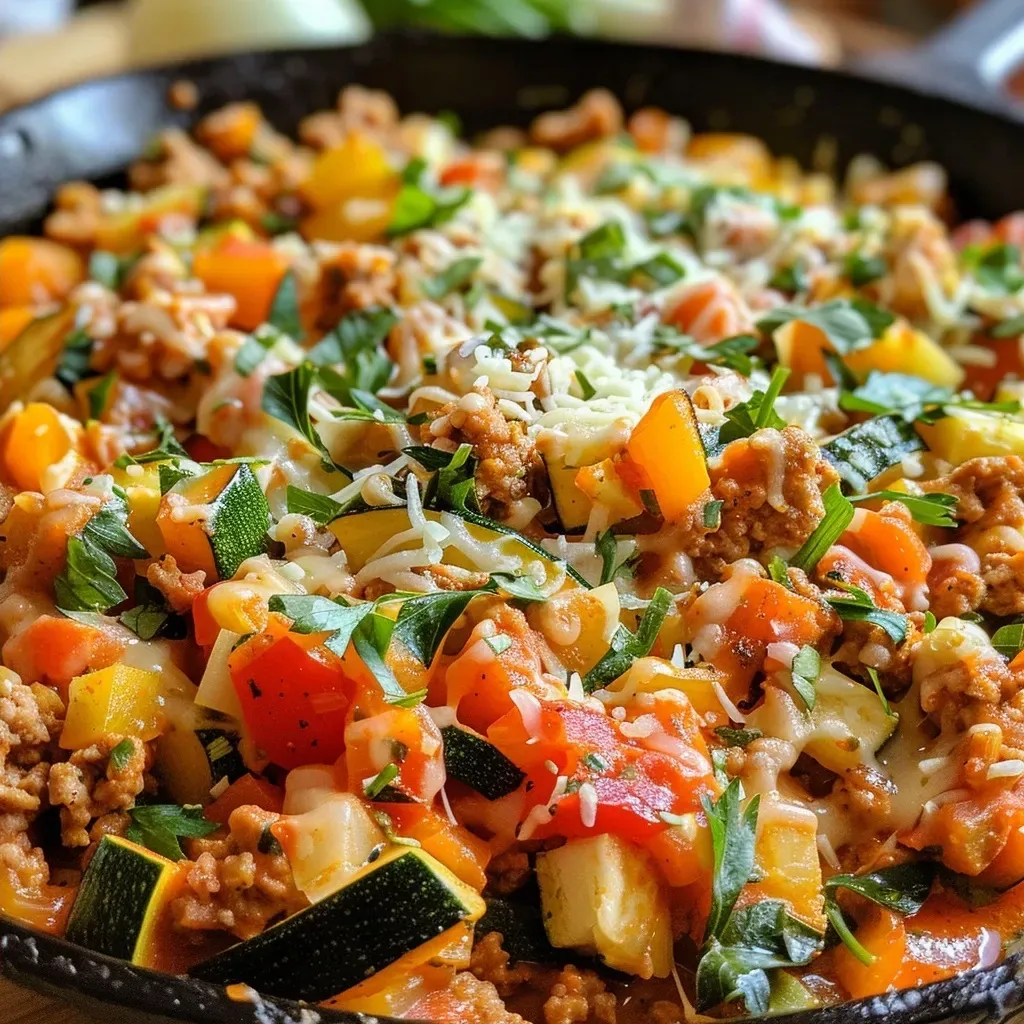A vibrant Turkey and Vegetable Skillet filled with ground turkey, zucchini, green beans, and melted cheese.