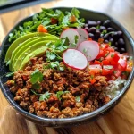 ['Close-up of a hearty turkey bowl filled with ground turkey, black beans, and fresh toppings.', 'Juicy turkey bowl featuring cilantro lime rice, diced avocado, and vibrant pico de gallo.', 'A delicious turkey bowl showcasing layered ingredients like shredded lettuce and sour cream.', 'Side view of a flavorful turkey bowl with chopped vegetables and spices, ready to eat.']