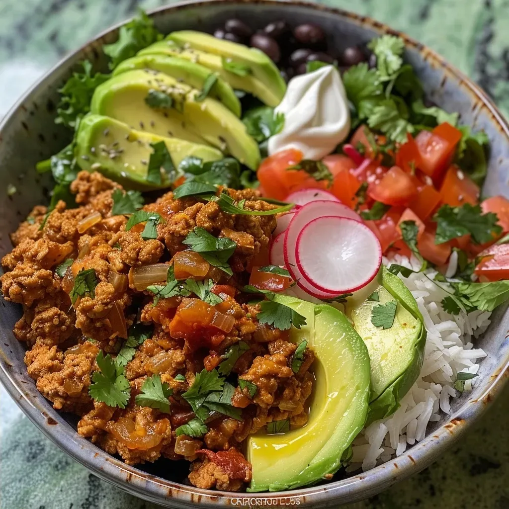 Close-up of a hearty turkey bowl filled with ground turkey, black beans, and fresh toppings.