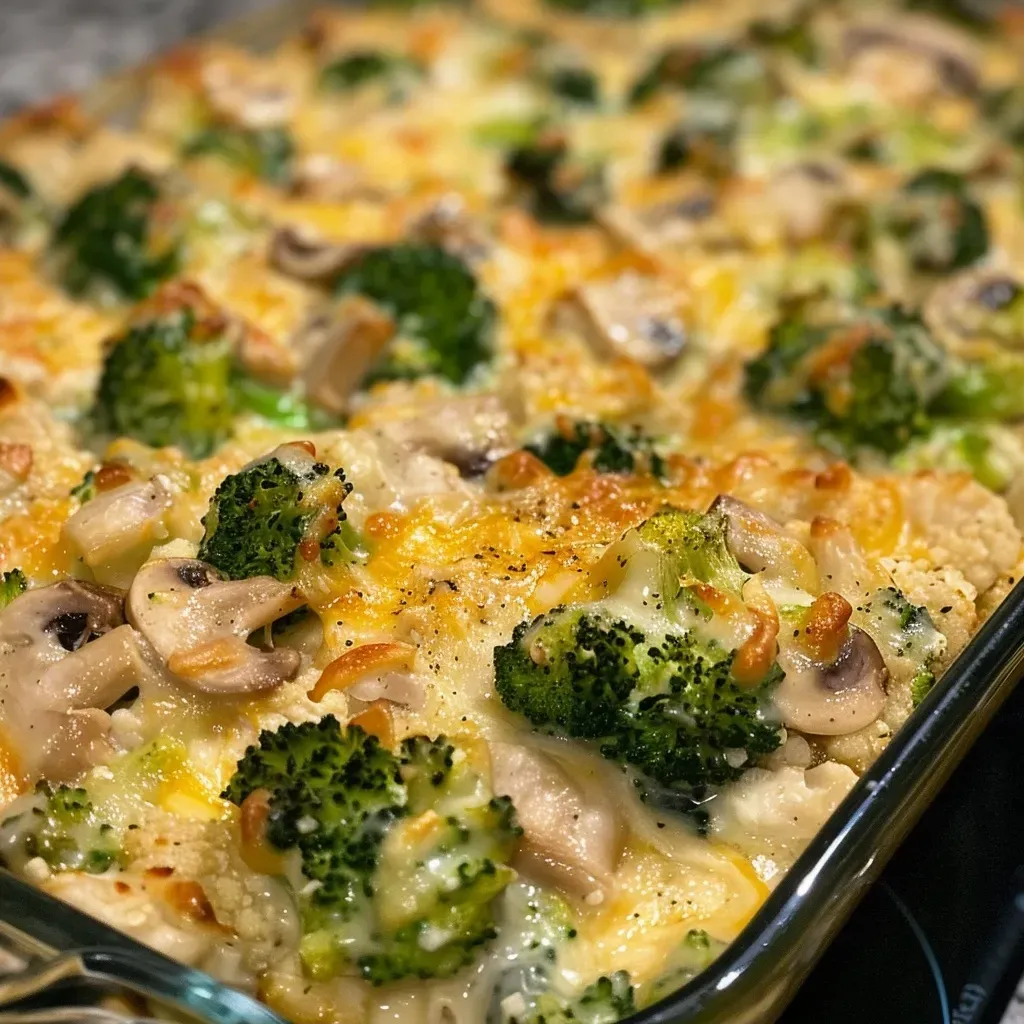 Close-up view of a Turkey Broccoli Casserole with melted cheese and broccoli florets.