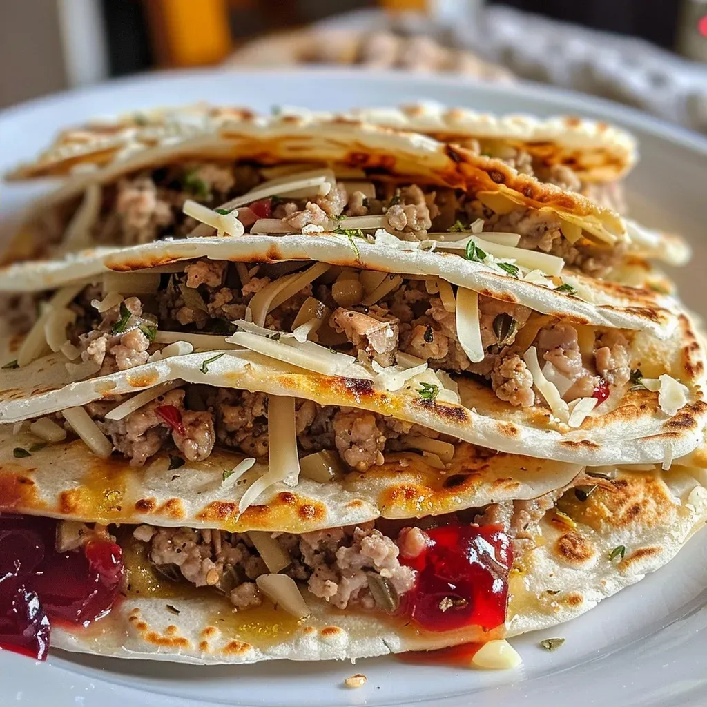 Close-up view of turkey flatbreads topped with cheese and cranberry sauce.