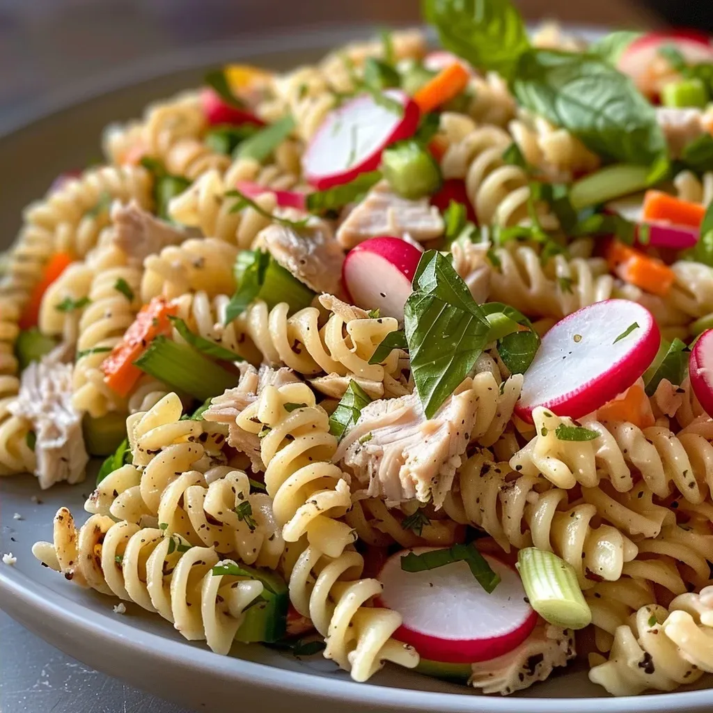Close-up view of a colorful turkey pasta salad with fresh vegetables.