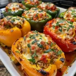 ['Close-up image of juicy turkey stuffed grilled peppers, showcasing vibrant colors.', 'Side view of marinated grilled peppers filled with turkey and vegetables.', 'Delicious stuffed bell peppers with ground turkey and melted cheese, captured in detail.', 'Colorful grilled peppers filled with a savory turkey mixture, fresh and appetizing.']
