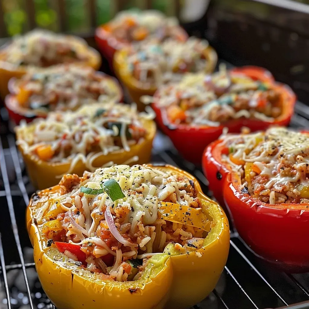 Close-up image of juicy turkey stuffed grilled peppers, showcasing vibrant colors.