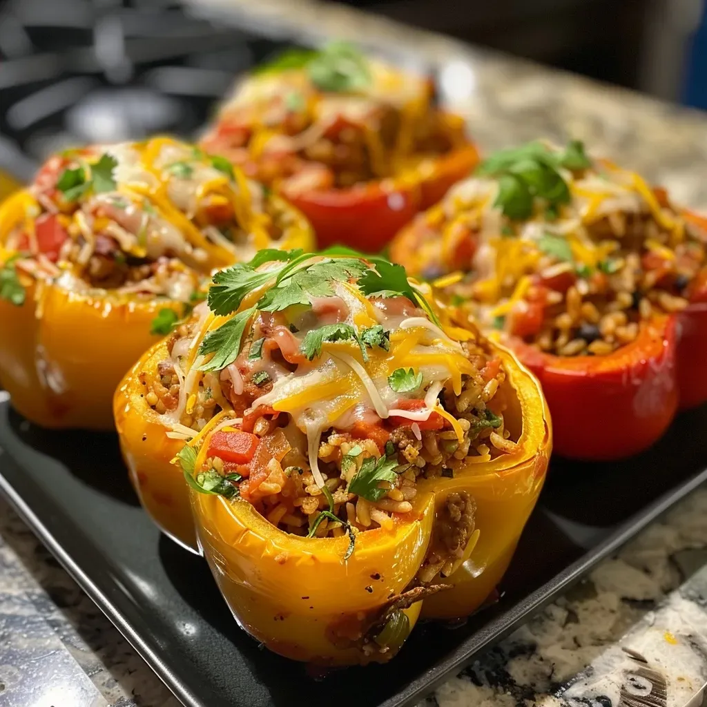 Close-up view of colorful bell peppers stuffed with ground turkey and quinoa.