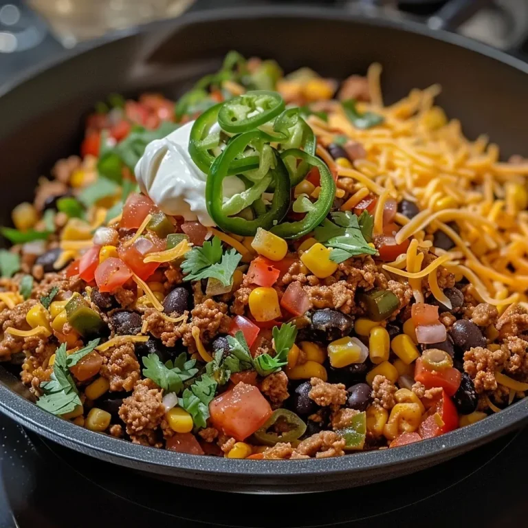 ['Close-up view of Turkey Taco Skillet with vibrant vegetables and melted cheese.', 'Juicy Turkey Taco Skillet featuring diced peppers, ground turkey, and avocado slices.', 'Colorful Turkey Taco Skillet served in a skillet, topped with cilantro and cheese.', 'Hearty Turkey Taco Skillet showing ingredients like beans, corn, and lime wedges.']