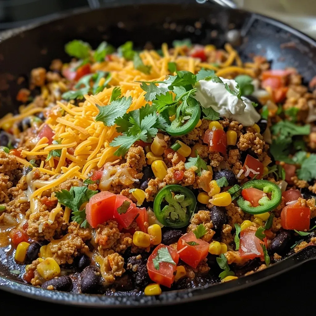 Close-up view of Turkey Taco Skillet with vibrant vegetables and melted cheese.