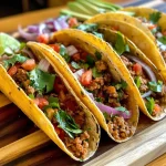 ['Close-up view of juicy turkey tacos with toppings on a plate.', 'Side view of delicious turkey tacos with fresh ingredients and tortillas.', 'Juicy turkey tacos garnished with lettuce and avocado on a table.', 'Ready-to-eat turkey tacos filled with ingredients, displayed attractively.']