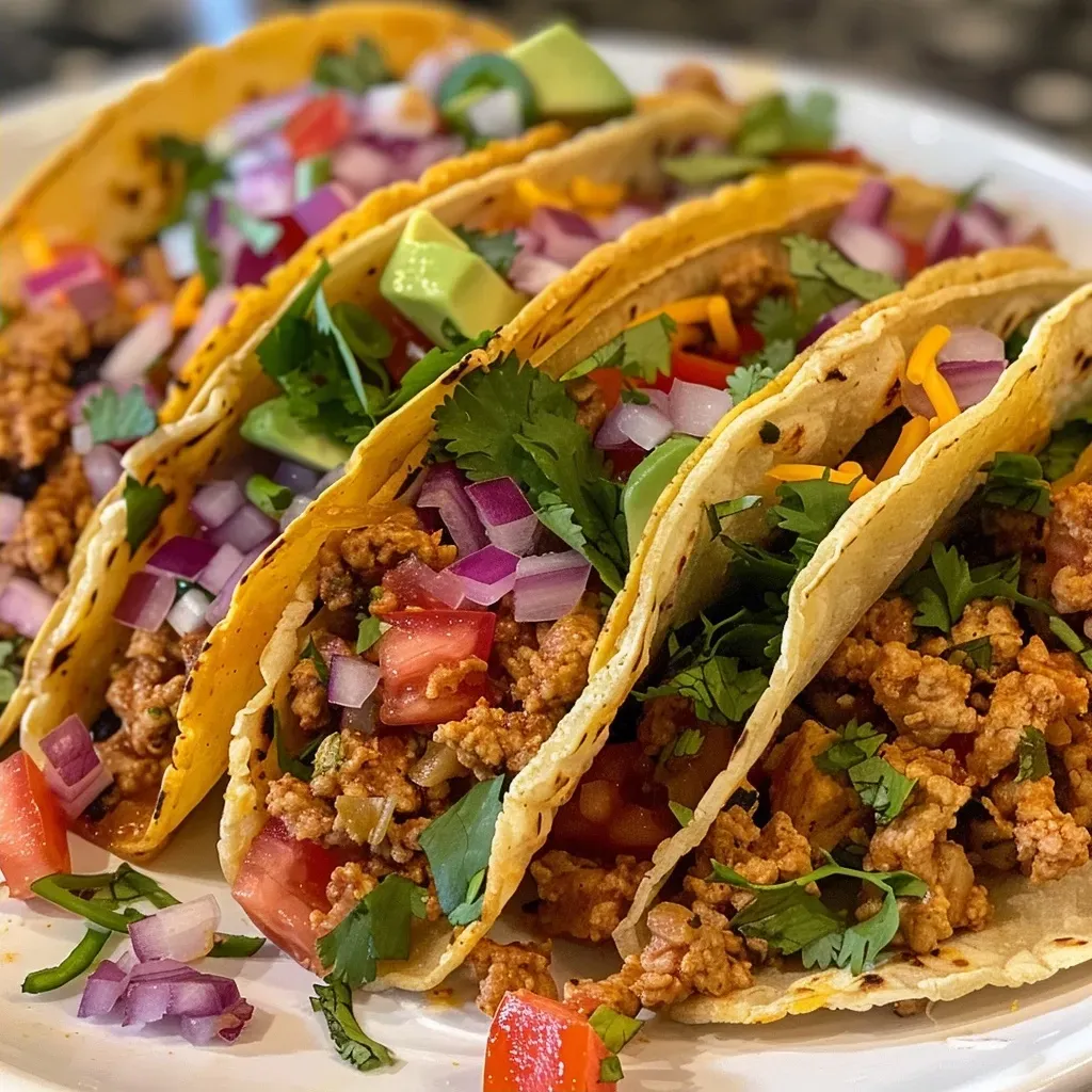 Close-up view of juicy turkey tacos with toppings on a plate.