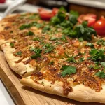 ['Close-up of a juicy Turkish Lahmacun on a wooden table.', 'Side view of a freshly baked Turkish Lahmacun, showcasing its toppings.', 'Round Turkish Lahmacun topped with minced meat and vegetables, captured from the side.', 'Detailed image of a Turkish Lahmacun, highlighting its crispy edges and vibrant toppings.']
