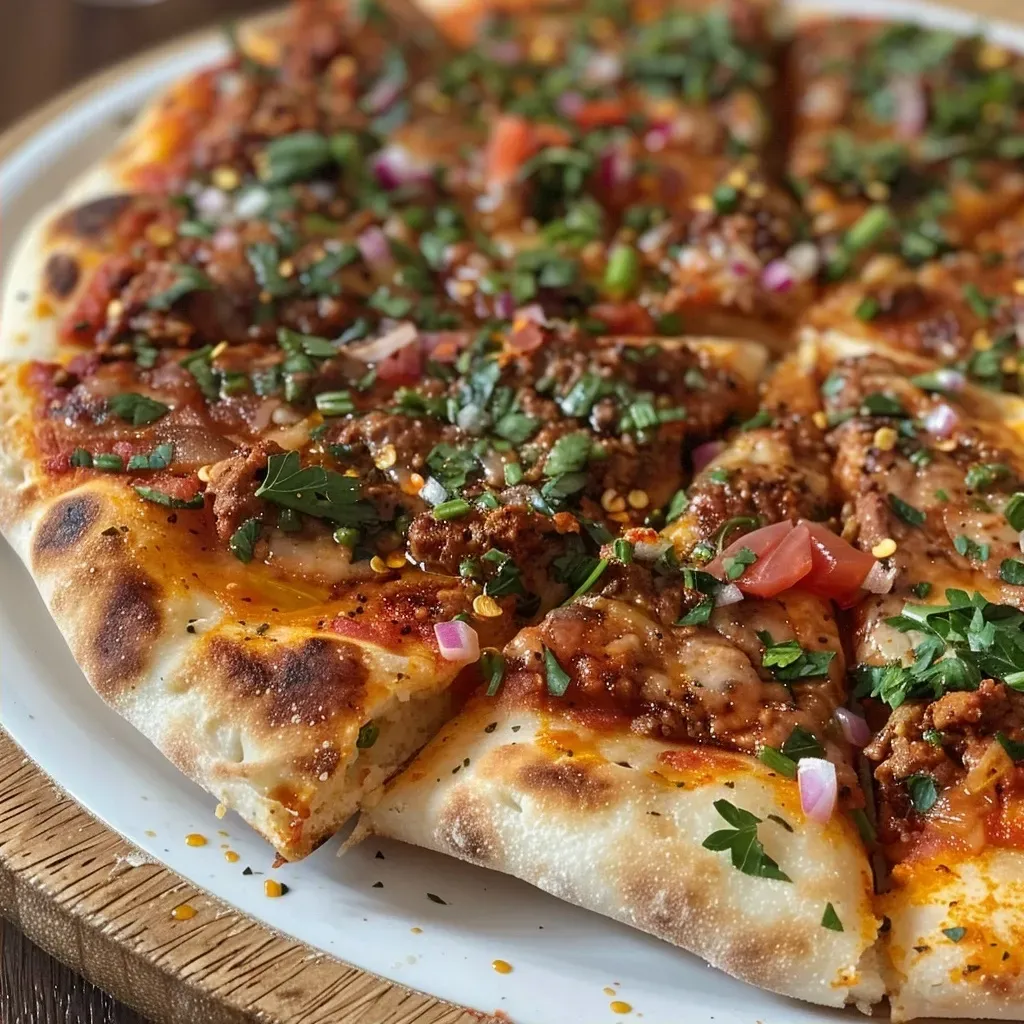 Close-up of a juicy Turkish Lahmacun on a wooden table.